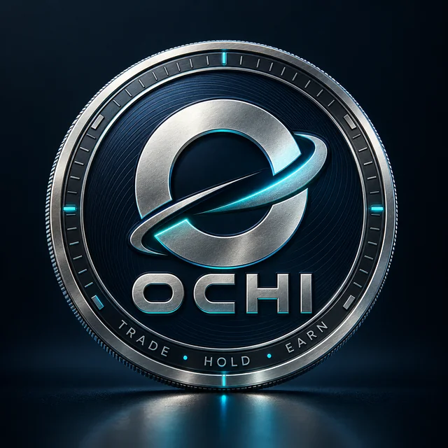 Concept artwork of a metallic OCHI crypto coin with an orbiting O symbol